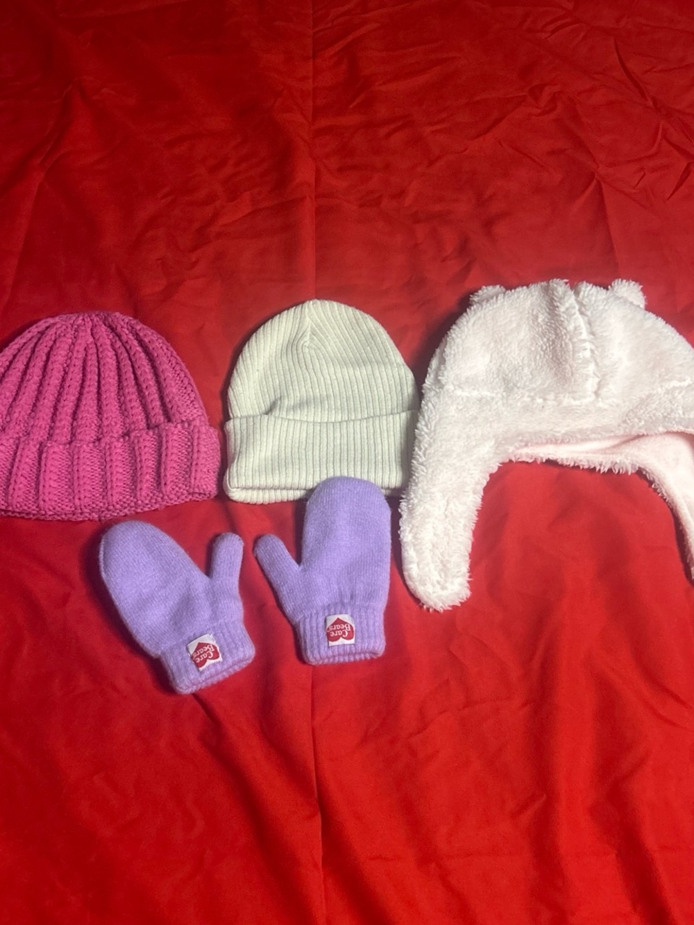 Kids Winter Hat and Mittens Set - Pink, Cream, Lavender